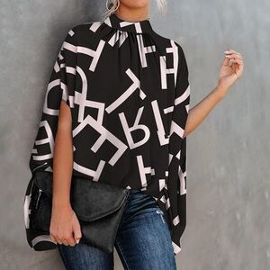 Asymmetrical High Neck Black and White Batwing  Women's Top Sz Large